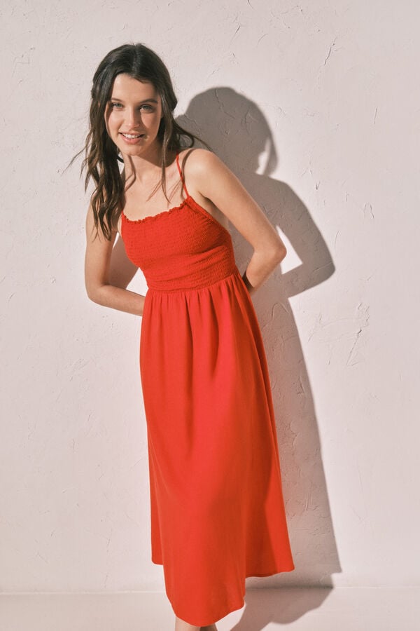 Women'secret Vestido largo de lino naranja coral