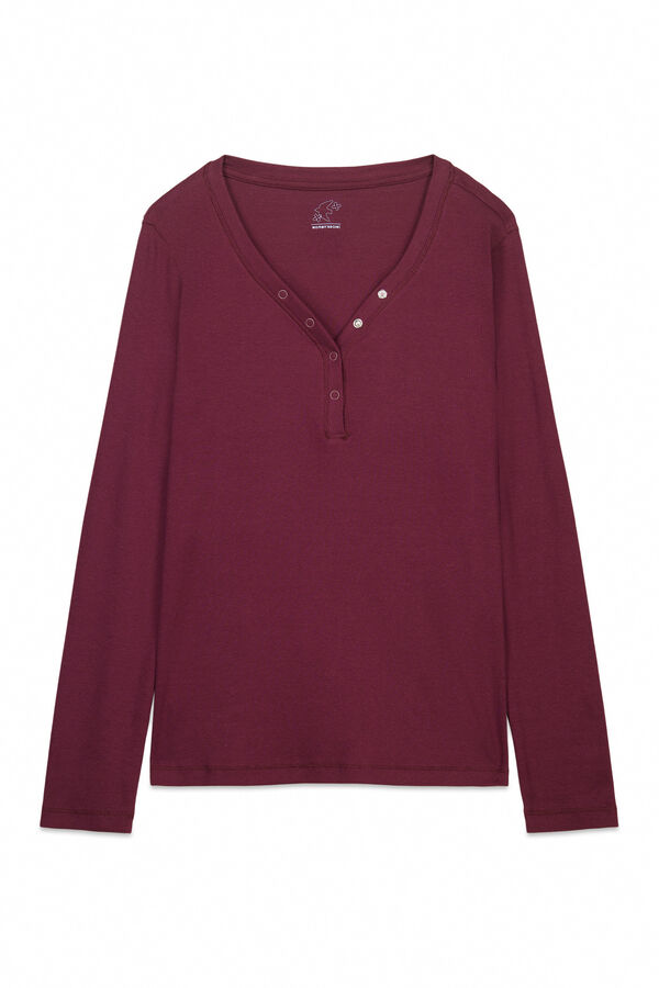 Women'secret Playera manga larga acanalada de algod&oacute;n granate p&uacute;rpura