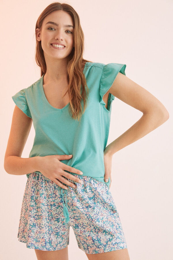 Womensecret Pijama corta flores 100% algodón verde