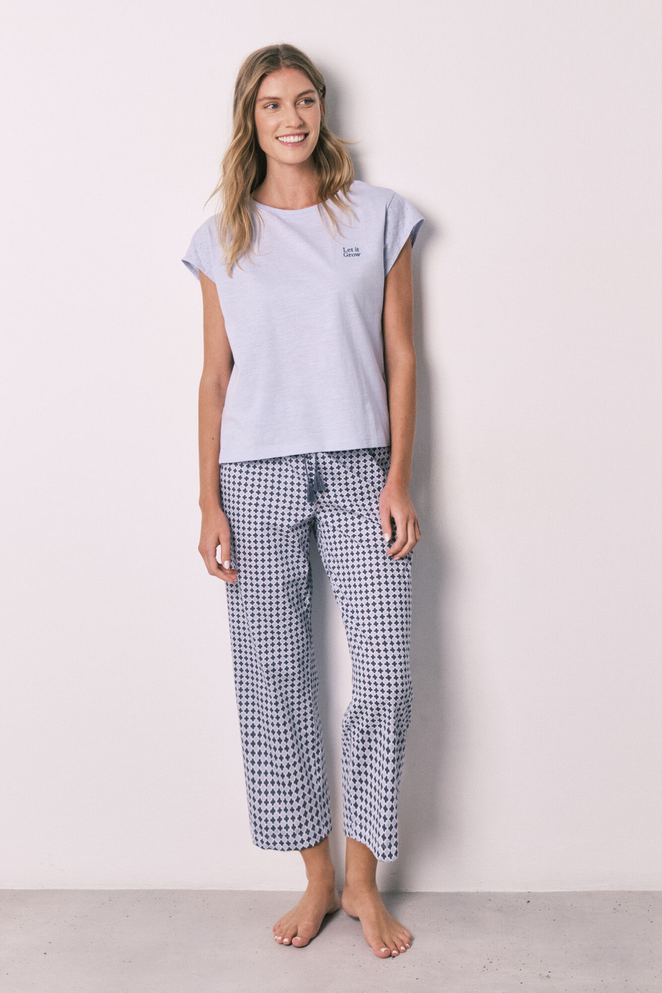 Women'secret Pijama larga de algod&oacute;n lila con estampado de manga corta