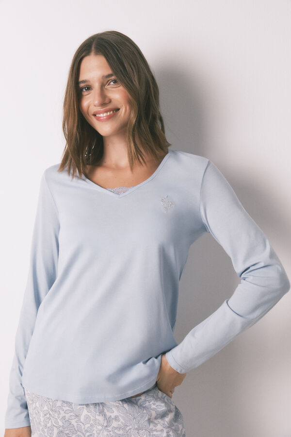 Women'secret Pijama largo con estampado floral azul 100% algod&oacute;n azul