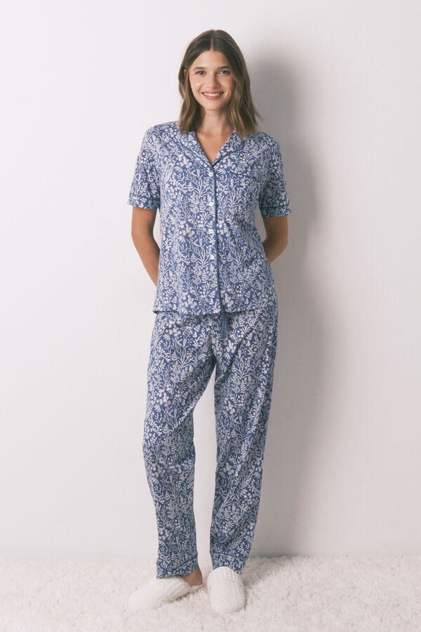 Women'secret Pijama camisera largo con estampado floral azul 100% algod&oacute;n azul
