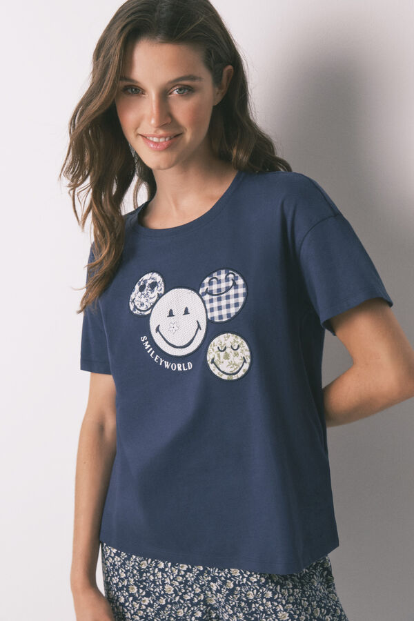 Women'secret Pijama Capri Smiley azul 100% algodón azul