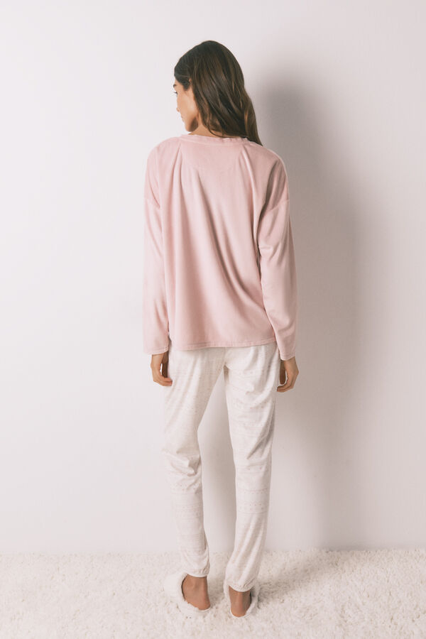 Women'secret Pijama larga polar suave cenefas rosa rosa