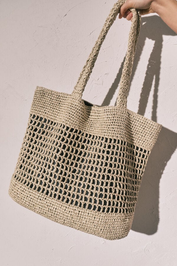Women'secret Bolsa tote grande de rafia natural caf&eacute;