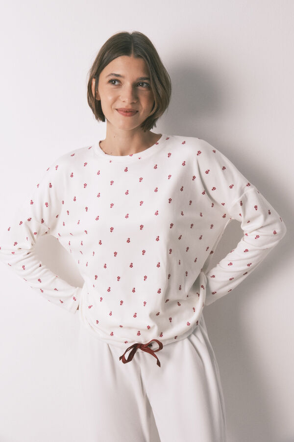 Women'secret Pijama larga de terciopelo blanco con flores. marfil