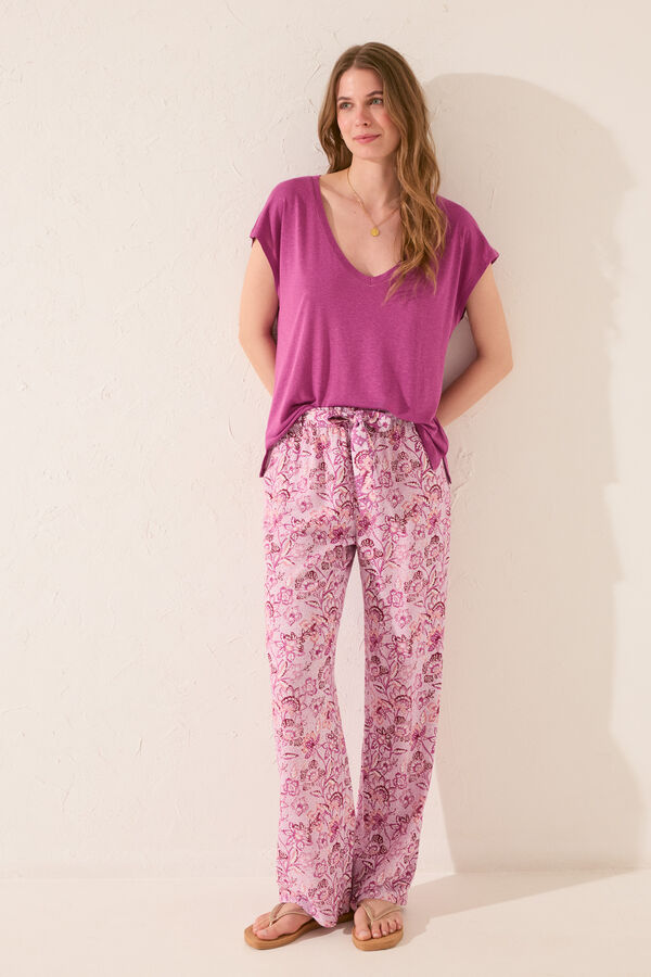 Womensecret Pantalón largo de viscosa con estampado rosa rosa