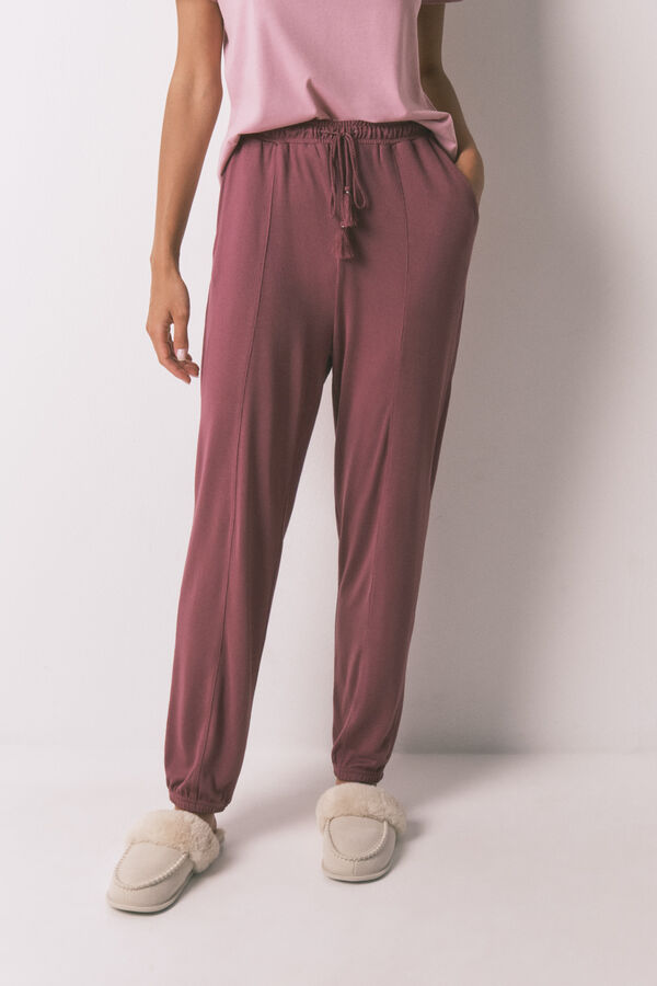 Women'secret Pantalón largo de tejido suave de color granate púrpura