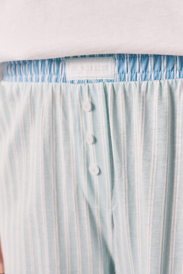 Women'secret Pijama de manga corta y pantal&oacute;n a rayas de algod&oacute;n verde marfil