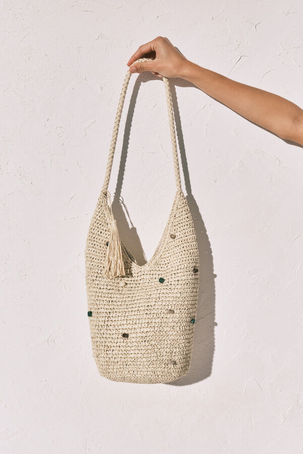 Women'secret Bolsa de rafia con apliques caf&eacute;