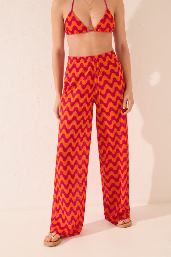 Womensecret Pantalón largo de malla con estampado de ondas rosas rosa