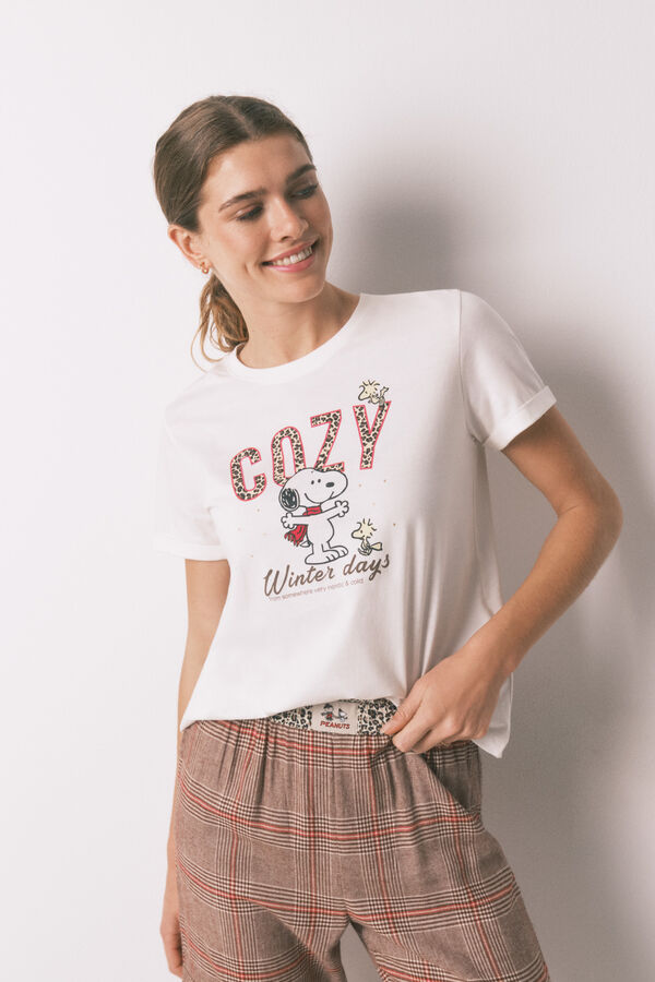 Women'secret Pijama larga 100% algodón con estampado de cuadros de Snoopy marfil