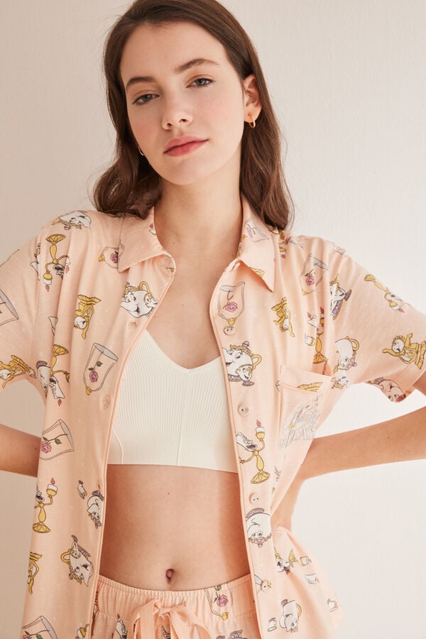 Womensecret Pijama camisero 100% algodón Disney Bella y bestia rosa