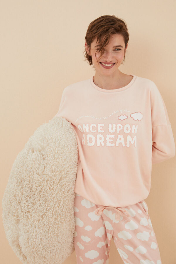 Womensecret Pijama larga nubes terciopelo elástico naranja naranja