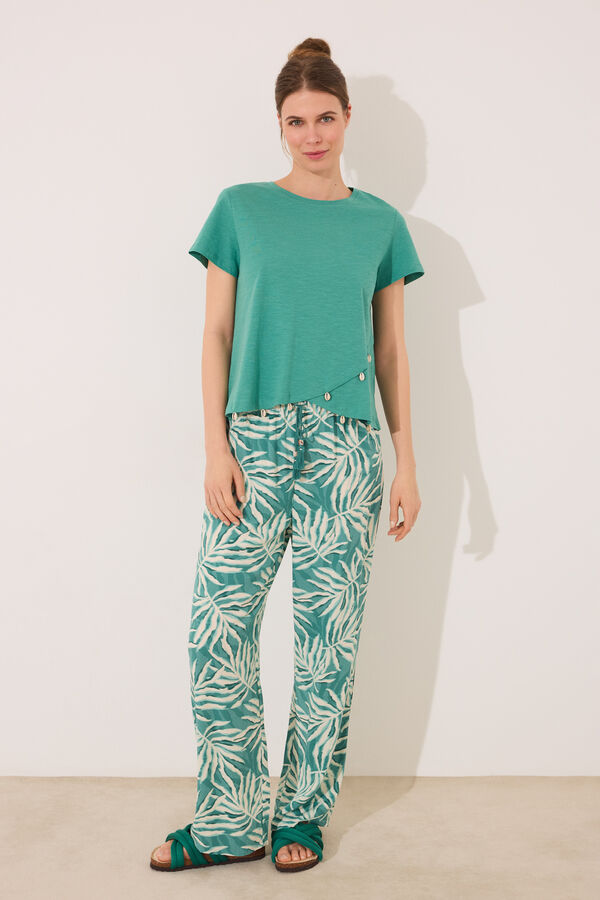 Womensecret Pantalón de viscosa con estampado de hojas verdes estampado
