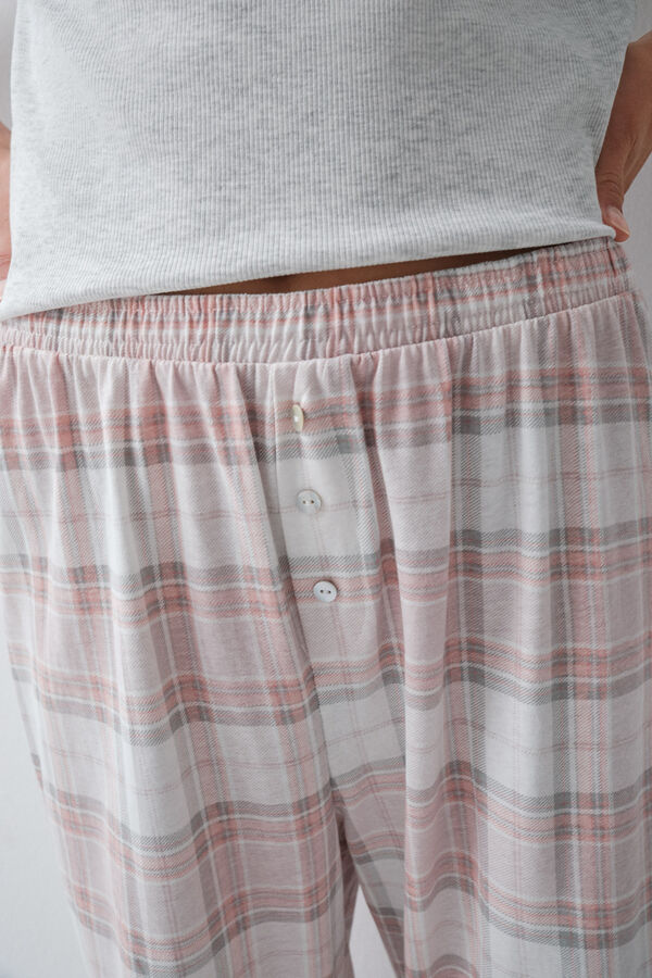 Women'secret Pijama larga de manga corta de algod&oacute;n a cuadros marfil