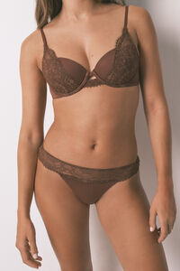 Women'secret Tanga de cintura de encaje marrón