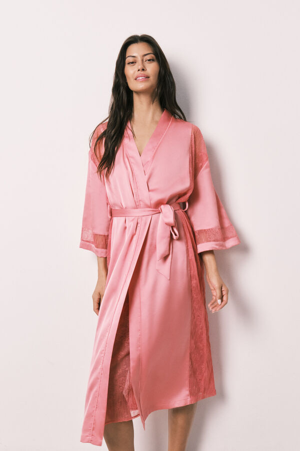 Women'secret Bata larga satinada de encaje rosa