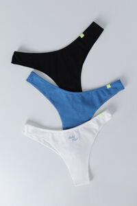 HI&BYE Pack de 3 panties brasileñas en azul, blanco y negro