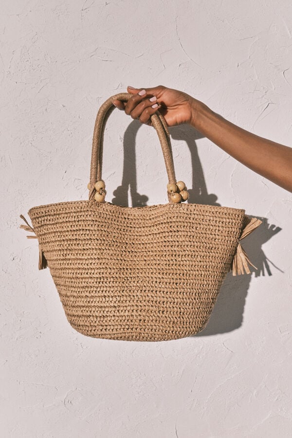 Women'secret Bolsa de playa mediana de rafia natural caf&eacute;