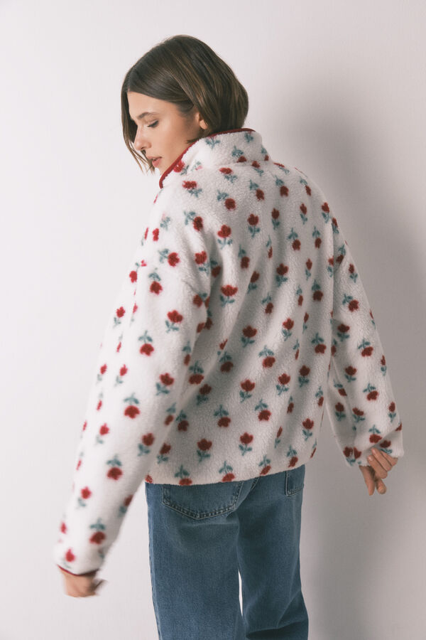 Women'secret Bata de tejido de borrego floral blanco marfil