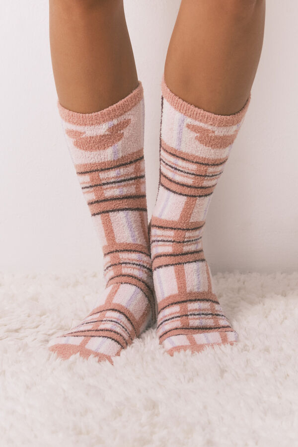 Women'secret Calcetines largos de piel con estampado de cuadros de Mickey Mouse rosa