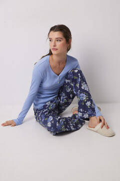 Womensecret Pijama larga 100% algodón canalé azul flores azul