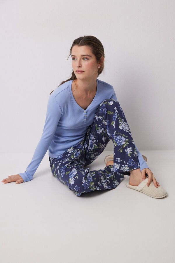 Womensecret Pijama larga 100% algodón canalé azul flores azul