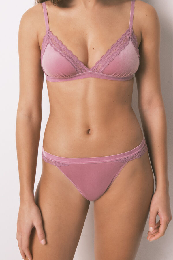 Women'secret Tanga de encaje rosa y terciopelo rosa
