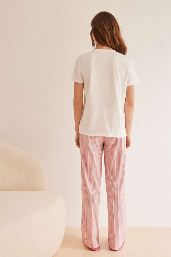 Womensecret Pijama larga 100% algodón rosa rayas manga corta marfil
