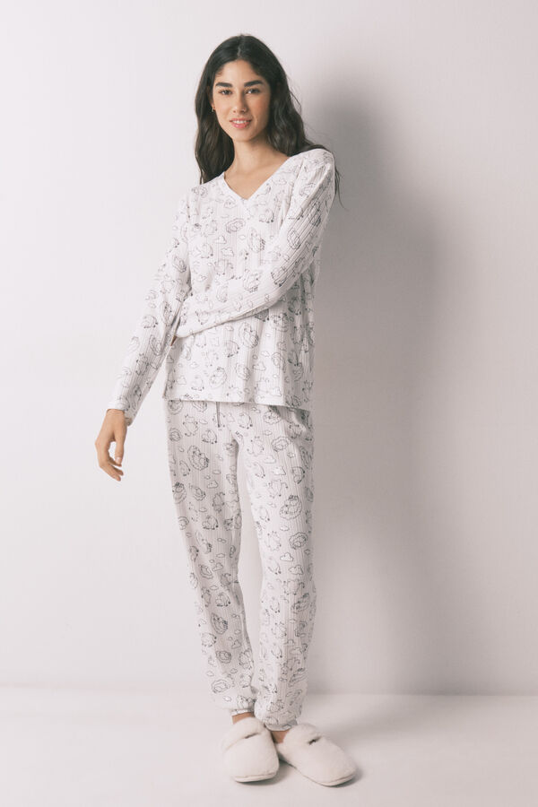 Women'secret Pijama larga acanalada suave estampado Moomin blanca blanco