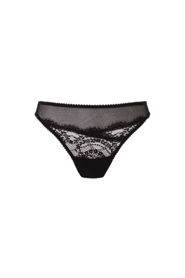 Women'secret Tanga de encaje y tul negro negro