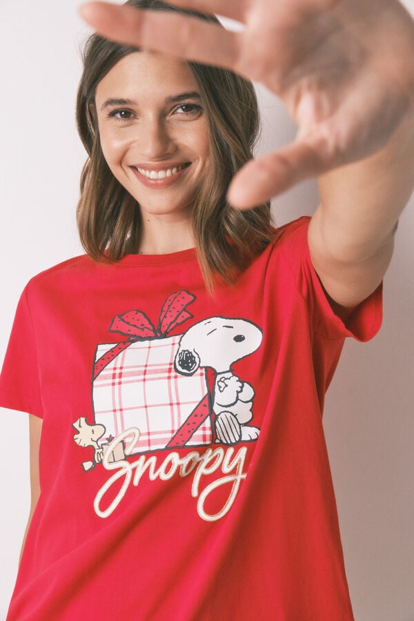 Women'secret Pijama larga 100% algodón cuadros rojo Snoopy rojo