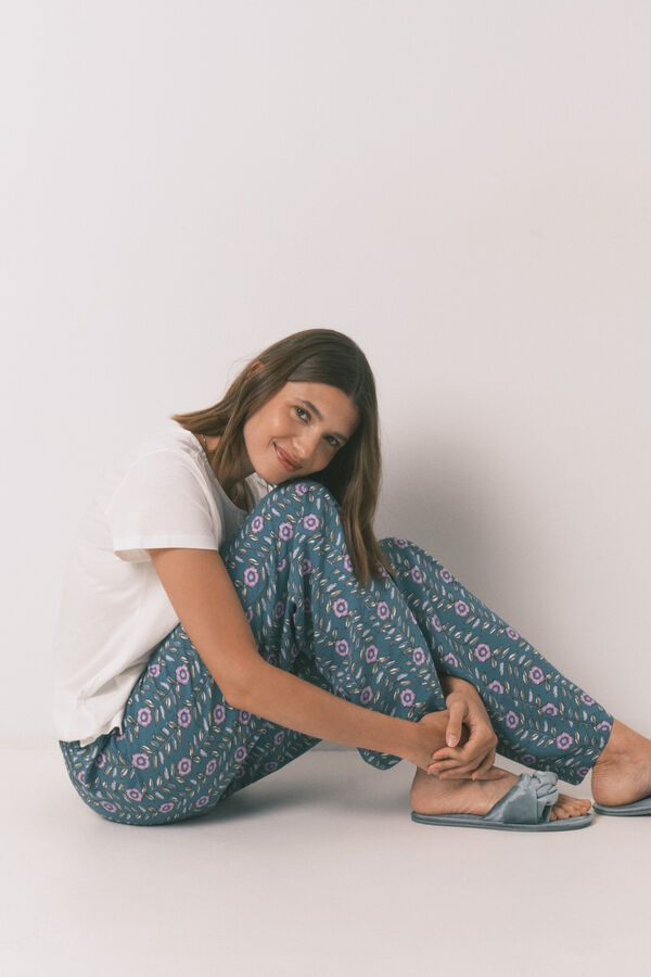 Women'secret Pantalón largo de viscosa con estampado de flores verde