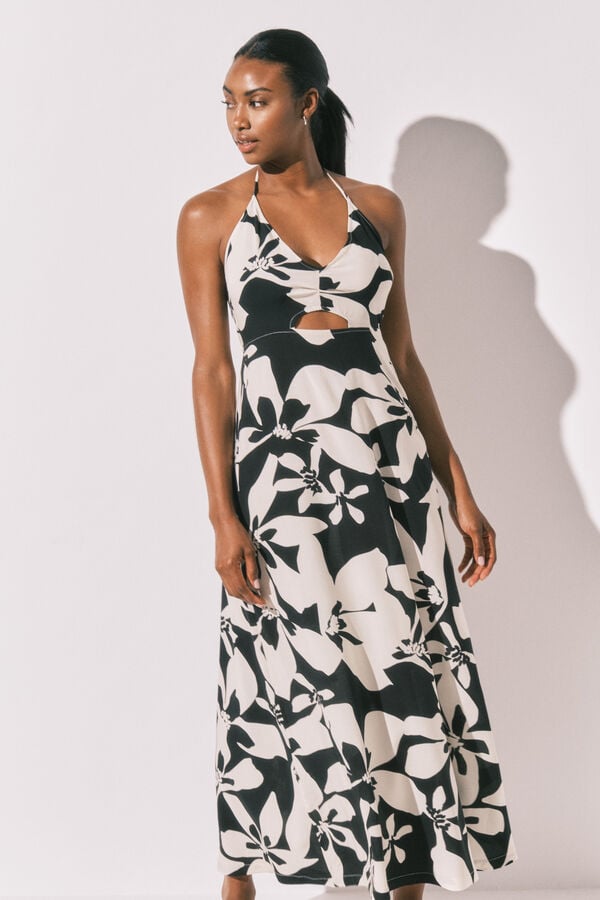 Women'secret Vestido largo estampado floral blanco y negro negro