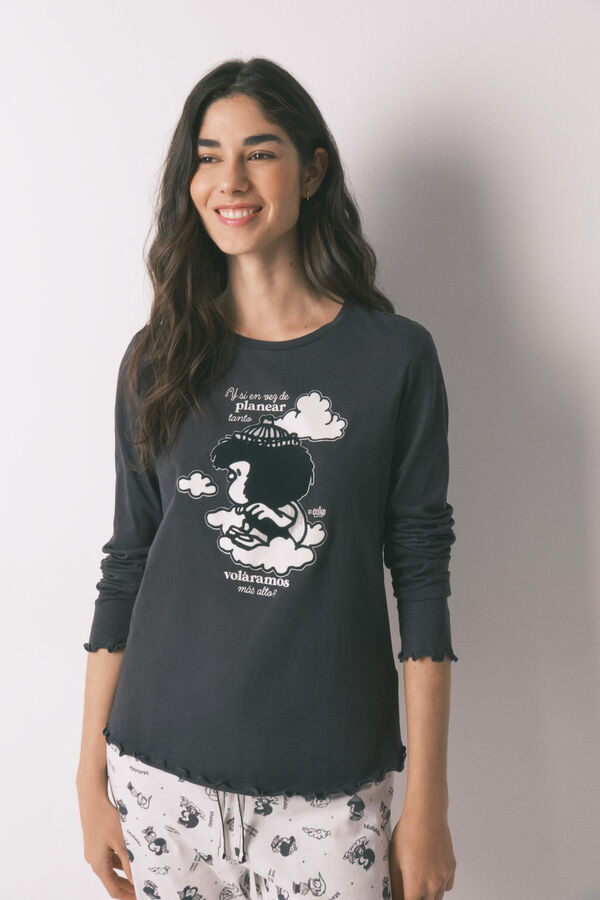 Women'secret Pijama larga estampado Mafalda de 100% algod&oacute;n gris gris