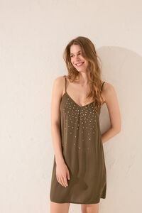 Womensecret Vestido corto de tirantes color caqui con pedrería brillante kaki