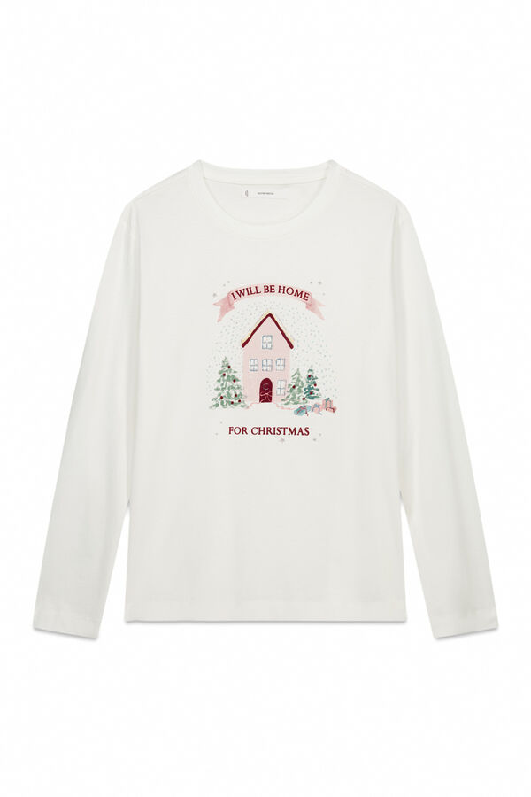 Women'secret Playera de navidad manga larga blanca 100% algodón blanco