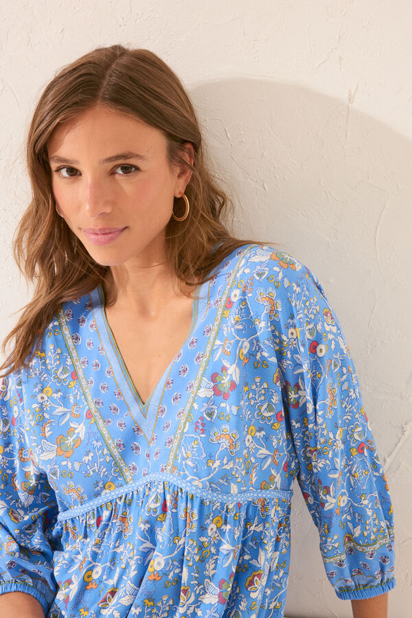 Womensecret Playera de dormir midi floral con manga abullonadas estampado