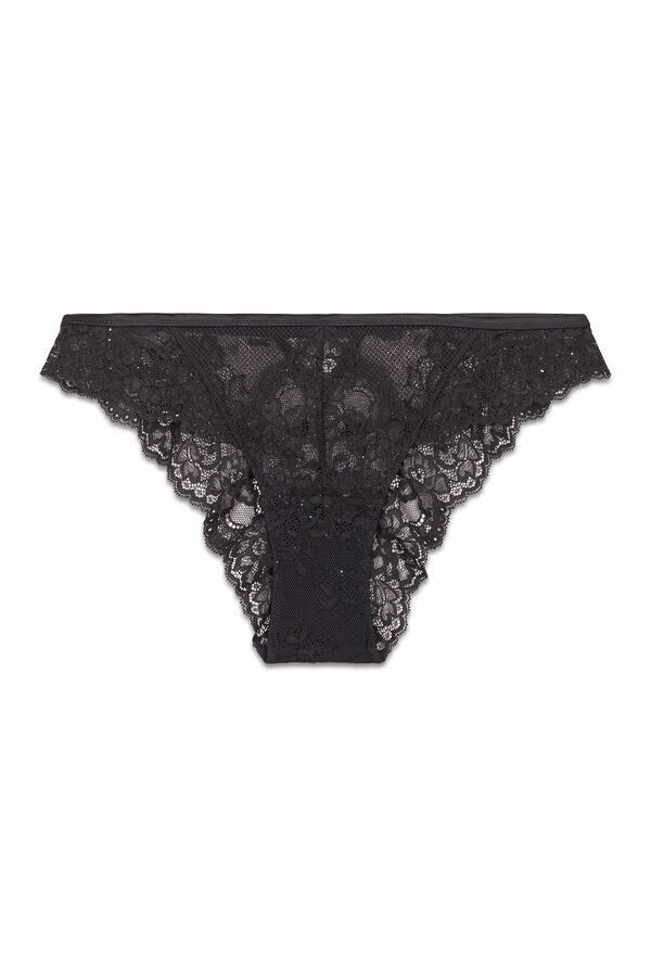 Women'secret Panty clásica encaje negro brillo negro
