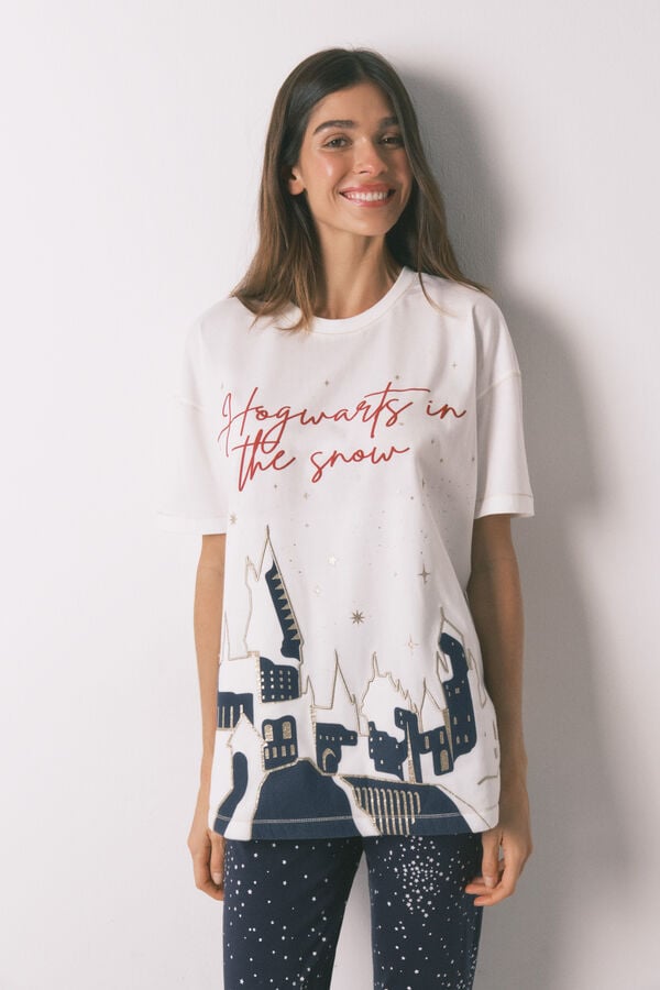 Women'secret Pijama larga 100% algodón estampado" Hogwarts" marfil