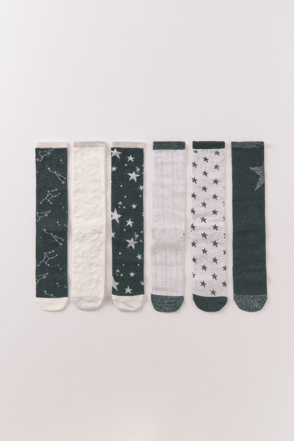 Women'secret Pack de 6 calcetines largos de algodón con estrellas   gris