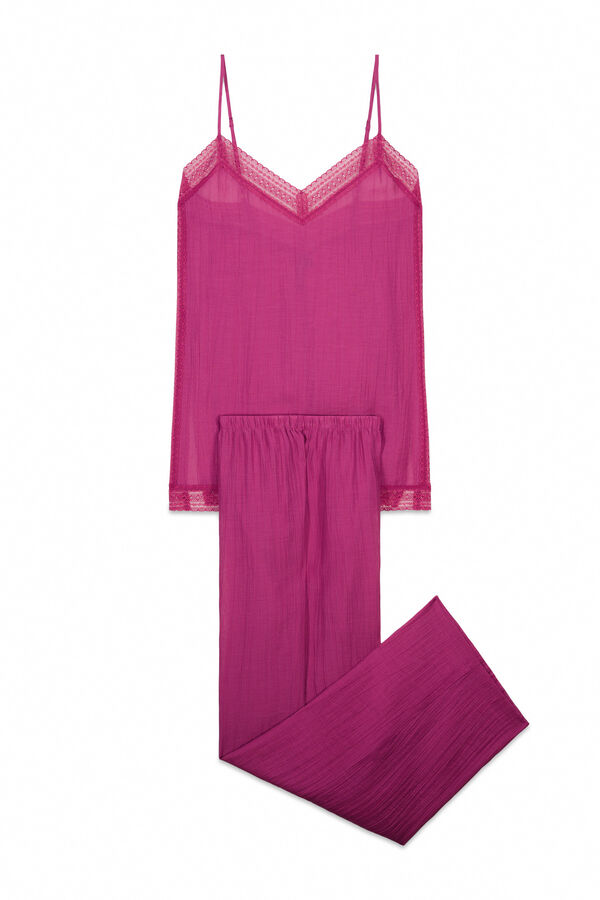 Women'secret Pijama larga satinada de tirantes con encaje rosa