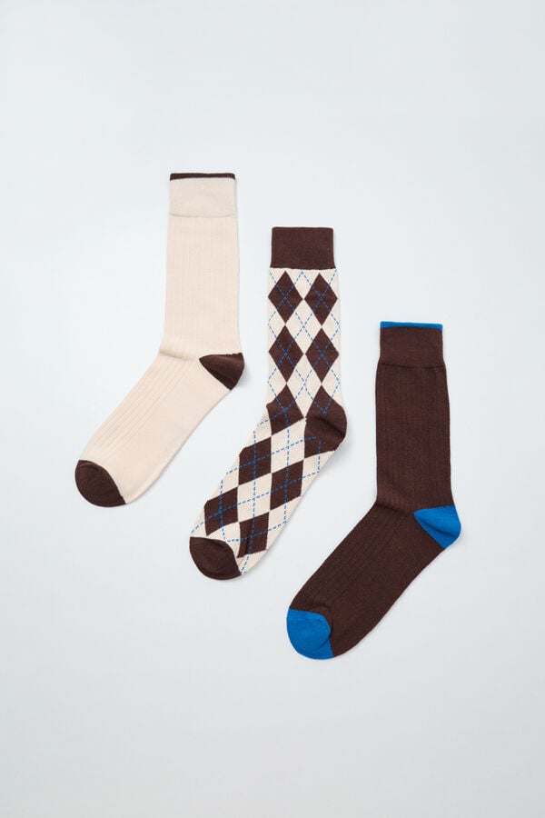 Women'secret Pack 3 calcetines lisos rombos marr&oacute;n estampado