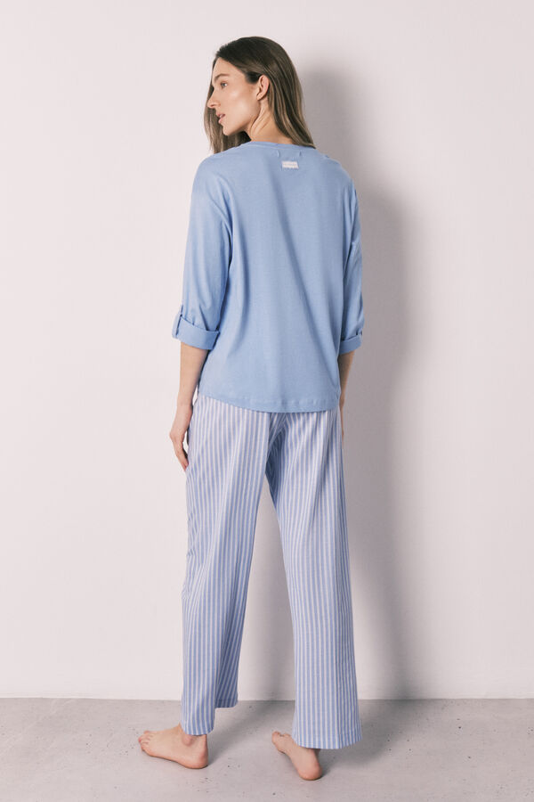 Women'secret Pijama larga con pantal&oacute;n a rayas de algod&oacute;n azul azul