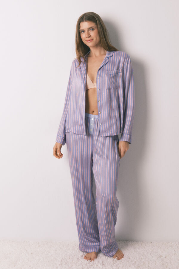 Women'secret Pijama camisera largo de satén con estampado de rayas naranja