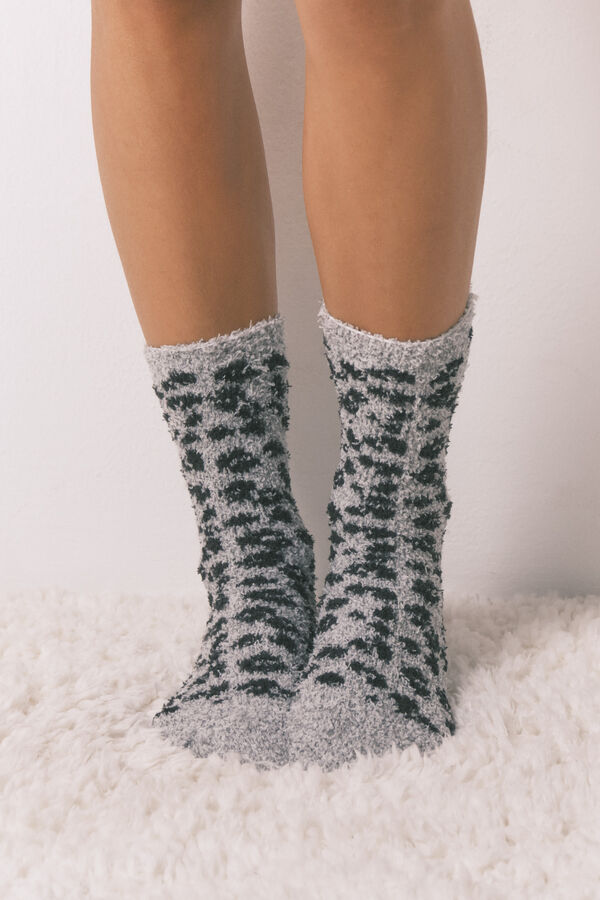 Women'secret Calcetines largos de piel con estampado de leopardo gris gris
