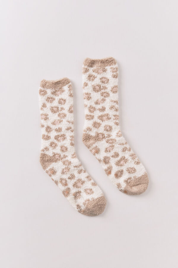 Women'secret Calcetines largos de piel con estampado de leopardo marrón beige
