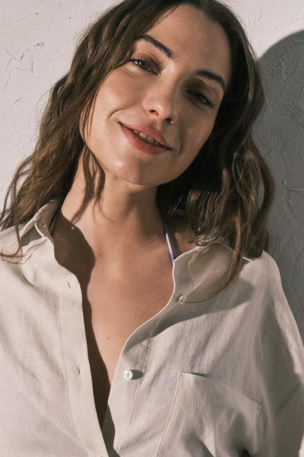 Women'secret Camisa de manga larga de lino blanca caf&eacute;