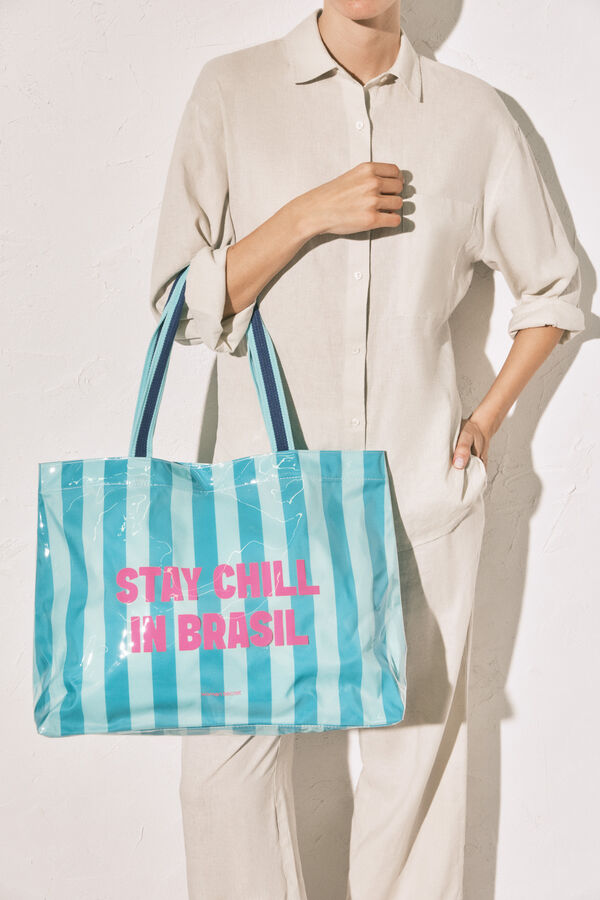 Women'secret Bolsa de playa de rayas azul verde